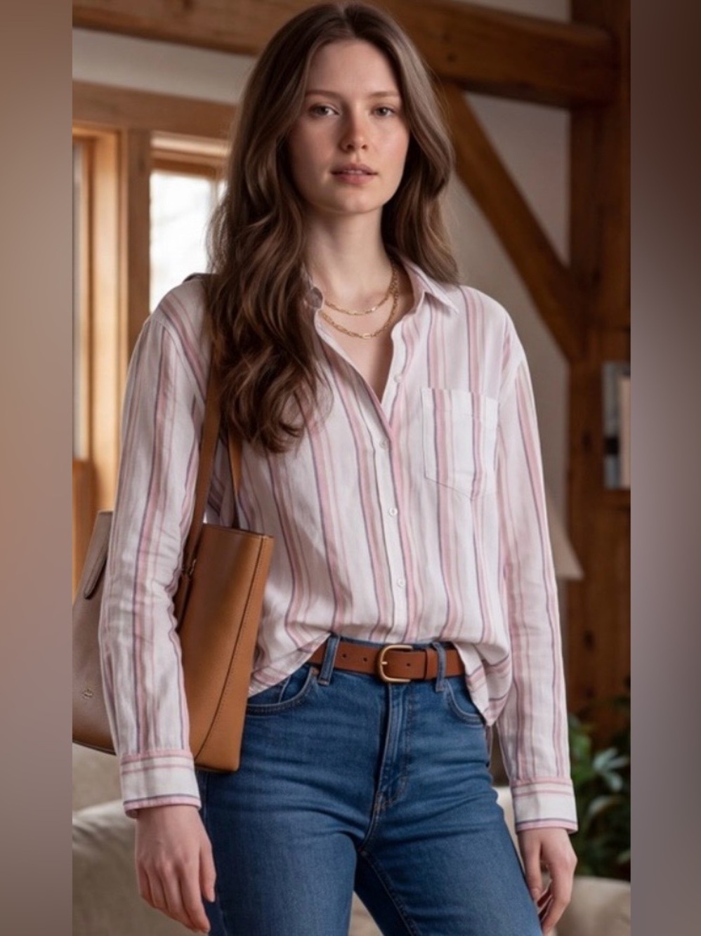GAP White Button-Down Shirt with Pink and Taupe Stripes